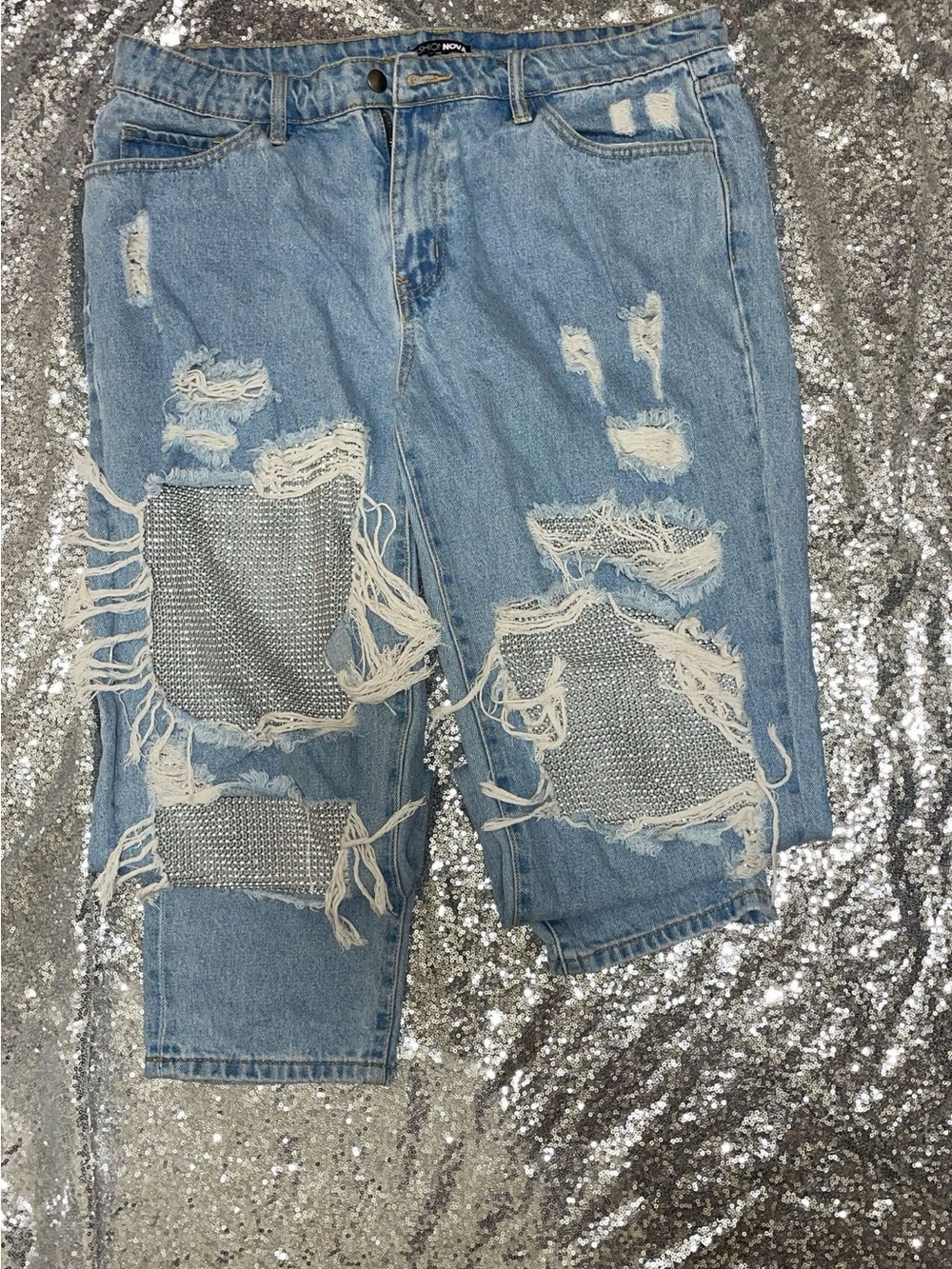 Light Blue Distressed Denim Men’s Shorts with Rhinestone Patch
